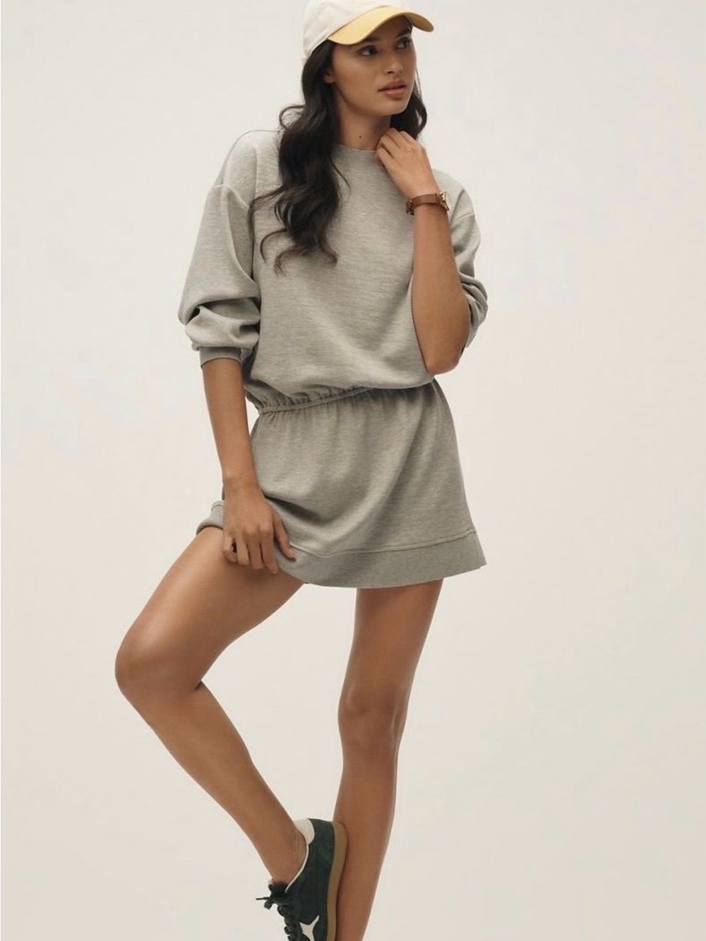 Daily Practice Long Sleeve Drawstring Waist Dress in Light Grey